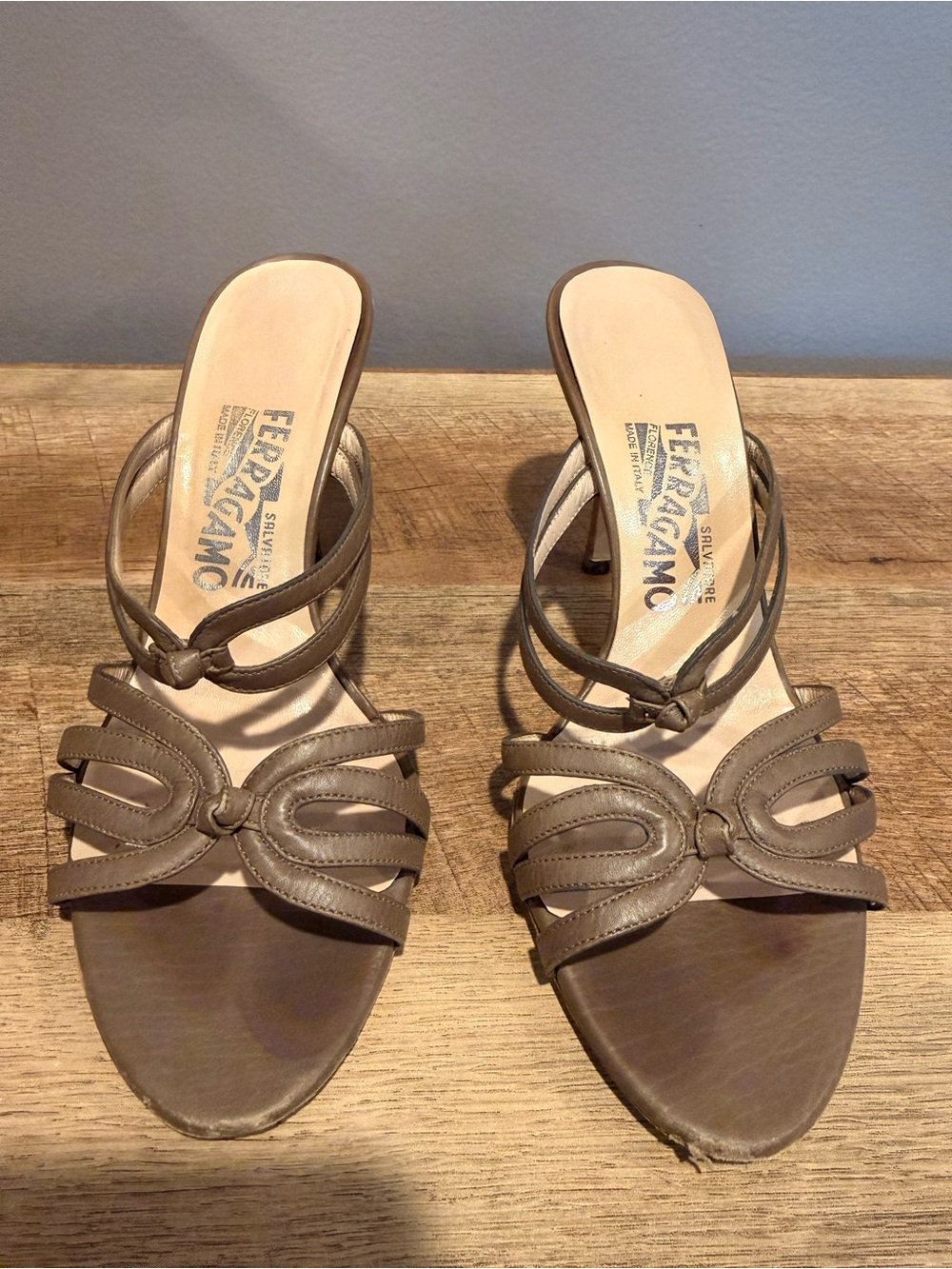 Salvatore Ferragamo Taupe Strappy Leather Knot-Heel Sandals